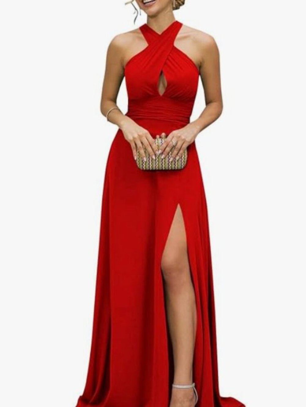 Red Halter Chiffon Maxi Dress